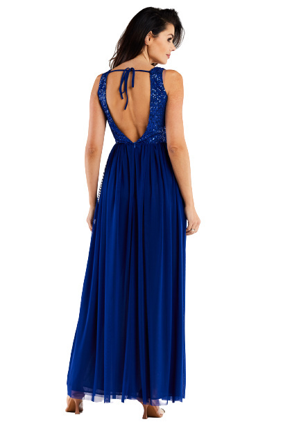 Sukienka elegancka maxi na ramiączkach odkryte plecy cekiny niebieska